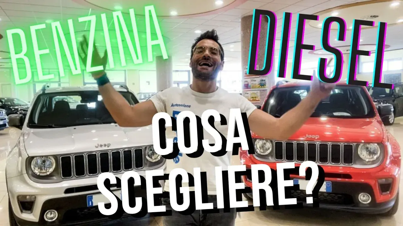 Uomo con auto bianche e rosse, con scritte "BENZINA" e "DIESEL". Cosa scegliere?