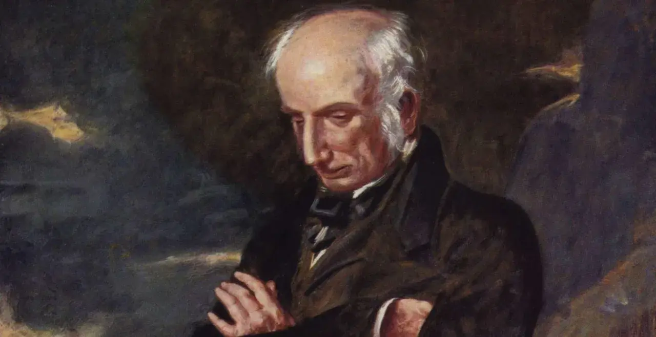 A thoughtful William Wordsworth portrait, with his gaze cast down and arms crossed, captured in a moment of quiet contemplation.