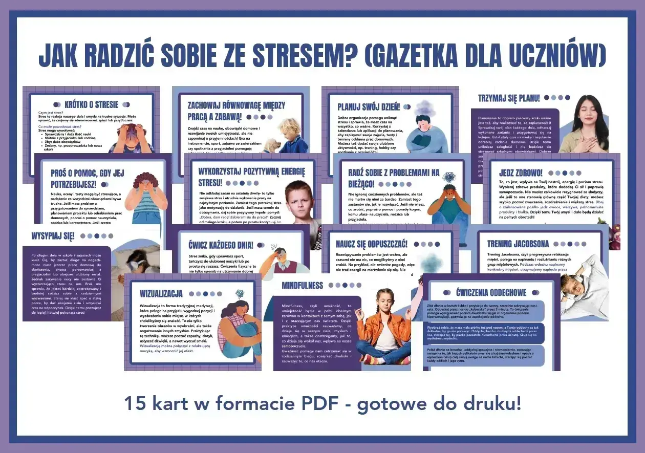 Zestaw 15 kart PDF o tym, jak radzić sobie ze stresem, zawiera porady dotyczące self-care, takie jak wysypianie się, ćwiczenia i mindfulness.