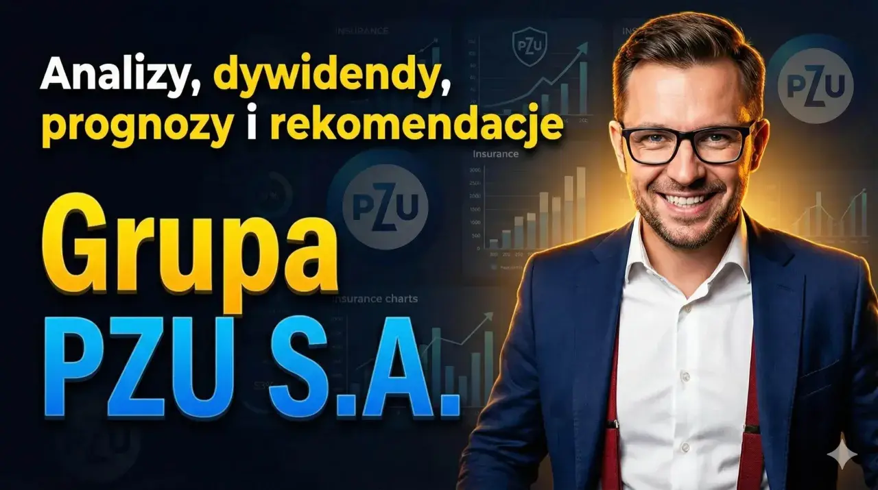 Uśmiechnięty mężczyzna w garniturze na tle wykresów i logo PZU. Analizy, dywidendy, prognozy i rekomendacje dla Grupy PZU S.A.
