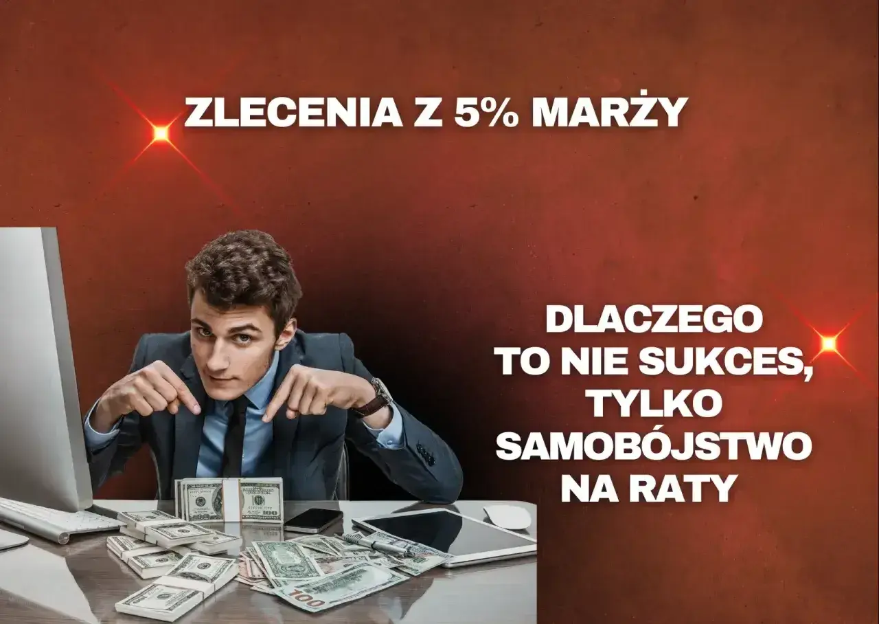 Młody mężczyzna przy biurku z pieniędzmi. Zlecenia z 5% marży to samobójstwo na raty dla firmy transportowej.