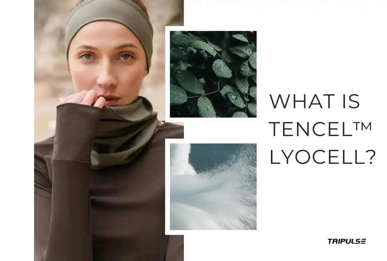 A woman wears a headband and cowl neck made of soft lyocell fabric. Images of leaves and fibers hint at the material's natural origins.