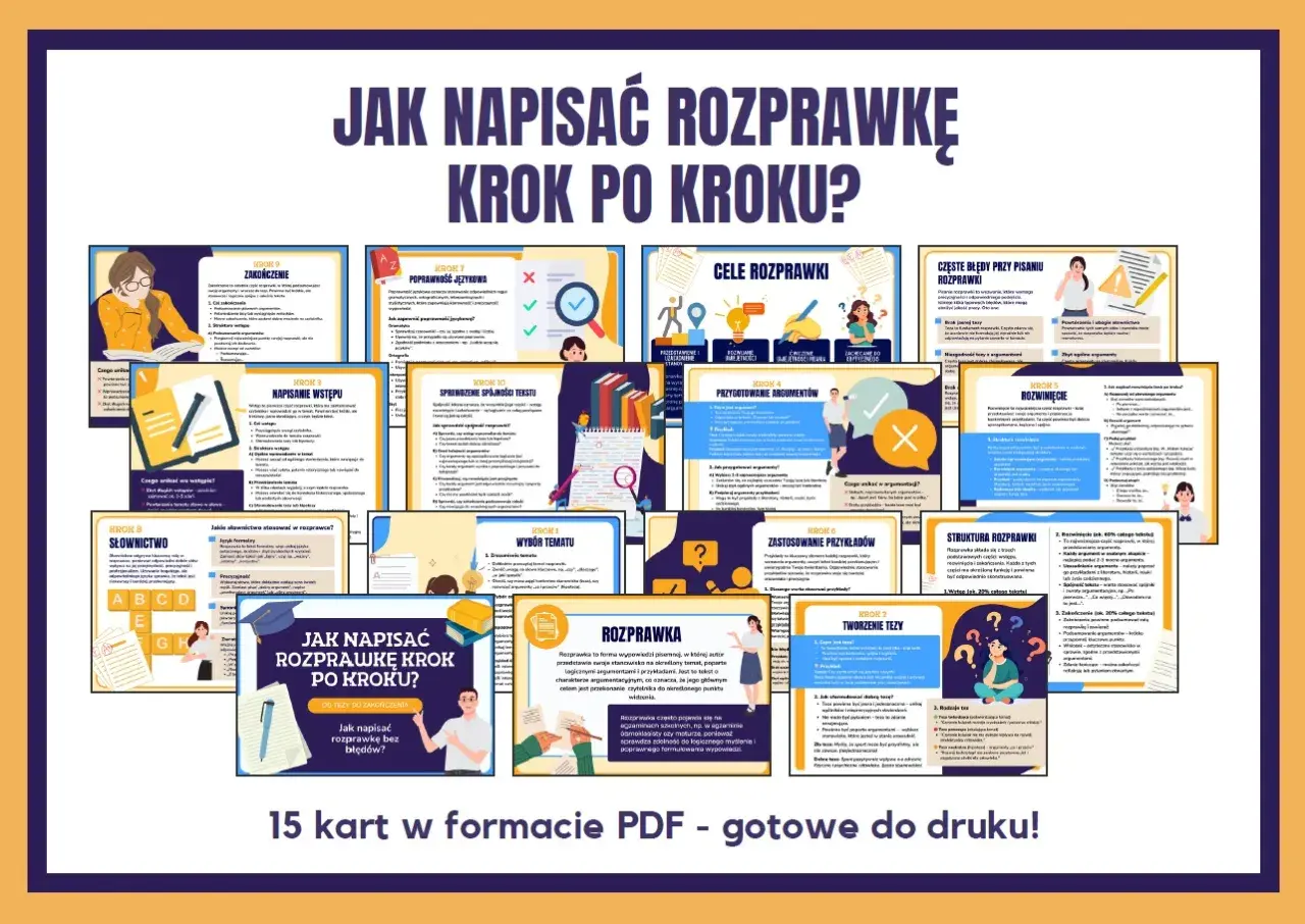 Grafika przedstawia kolaż kart z poradnikiem "Jak napisać rozprawkę krok po kroku", z tekstem i ilustracjami.