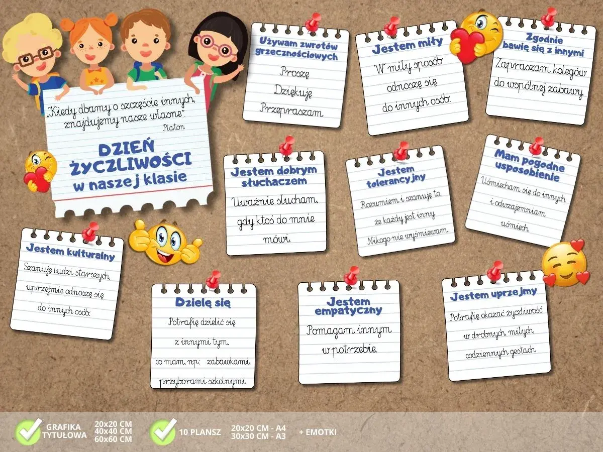 Ilustracja przedstawia tablicę z karteczkami o Dniu Życzliwości, na których widnieją rysunki dzieci i emotikony.