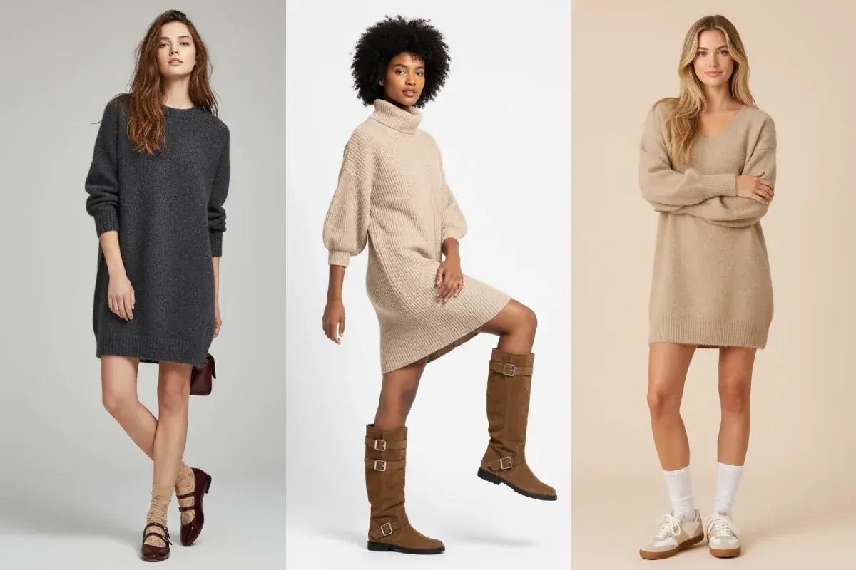 Trois femmes portent des robes pull. La première, en gris foncé, est chaussée de babies et chaussettes. La deuxième, en beige, porte des bottes hautes. La troisième, en beige clair, opte pour des baskets. Quelle chaussure mettre avec une robe pull ?