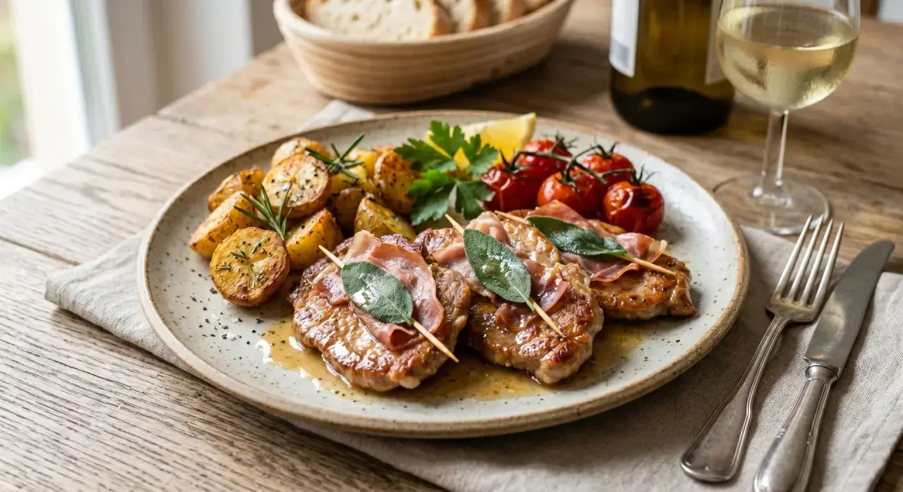 Saltimbocca mit Rosmarinkartoffeln und Kirschtomaten, dazu ein Glas Weißwein.