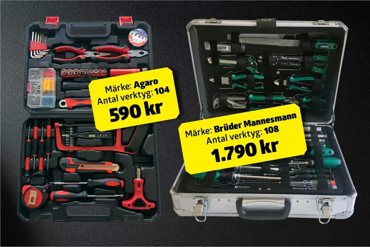 Två verktygslådor, en röd och svart med 104 delar för 590 kr, och en silverfärgad med 108 delar för 1790 kr. Perfekt för hemmafixaren, som en elektrisk vagga för verktygen.