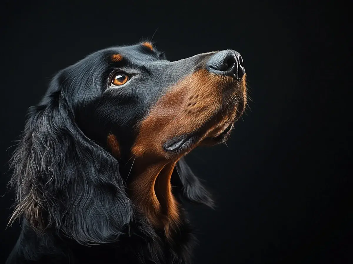 Un elegante setter irlandés negro, con su mirada penetrante y pelaje lustroso, espera atento.