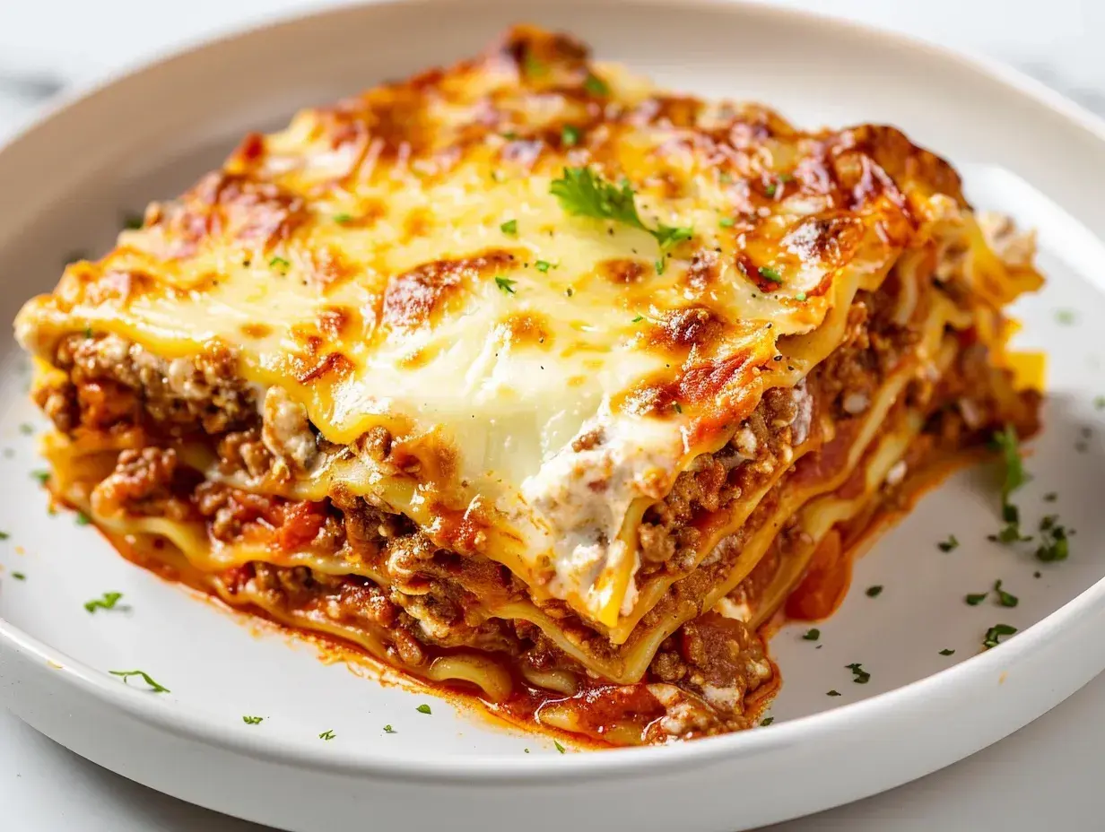 En saftig bit lasagne med köttfärssås och ost, perfekt för ett mysigt middagsrecept.