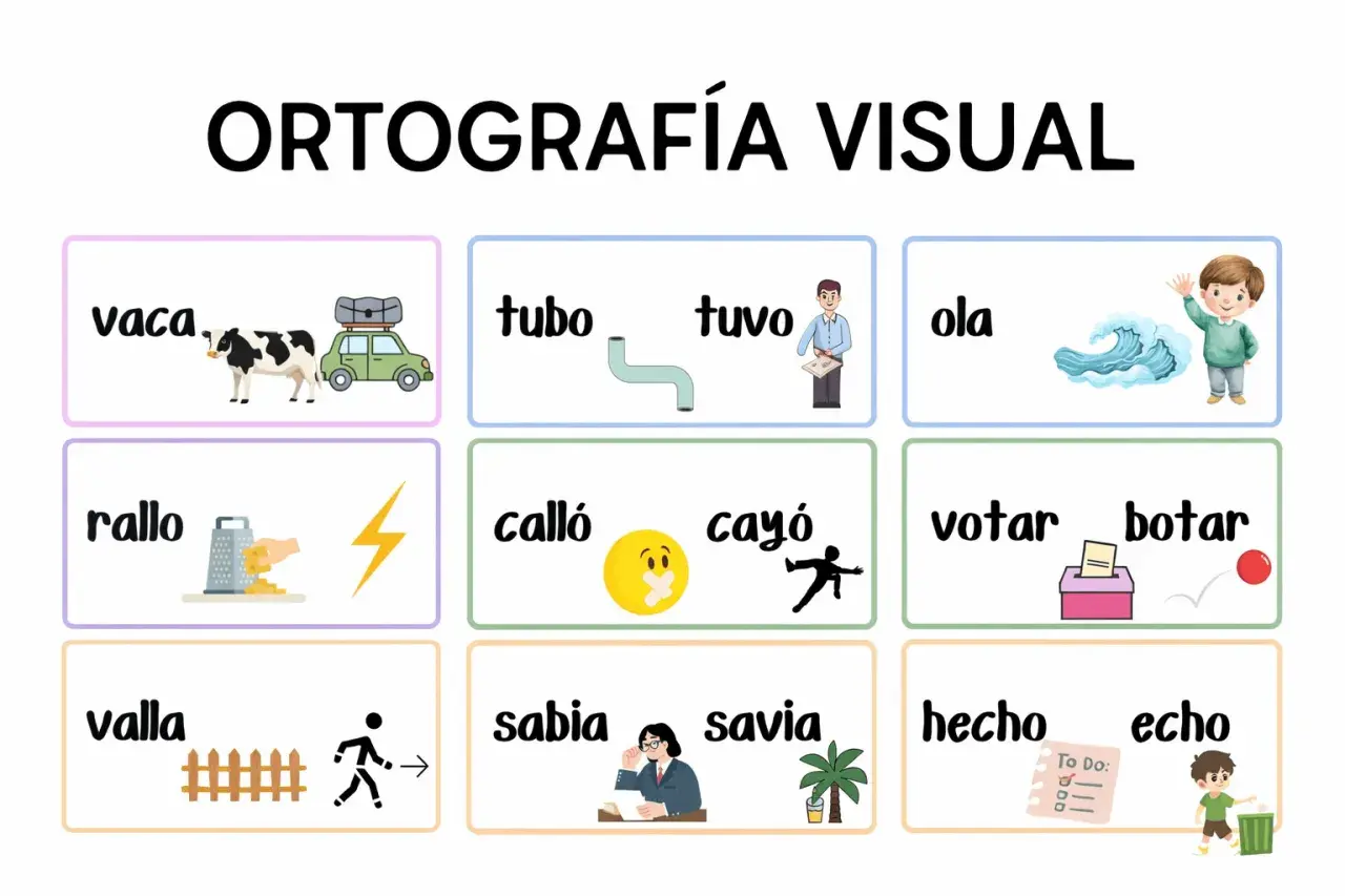 Ortografía visual: vaca, tubo, tuvo, ola, rallo, calló, cayó, votar, botar, valla, sabia, savia, hecho, echo.