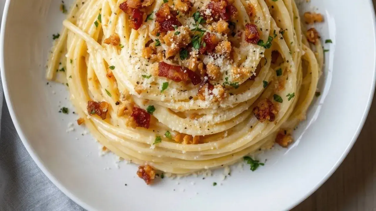 Un plat de tagliatelles carbonara crémeuses, garni de lardons croustillants, de parmesan râpé et de persil frais. Un délice italien.