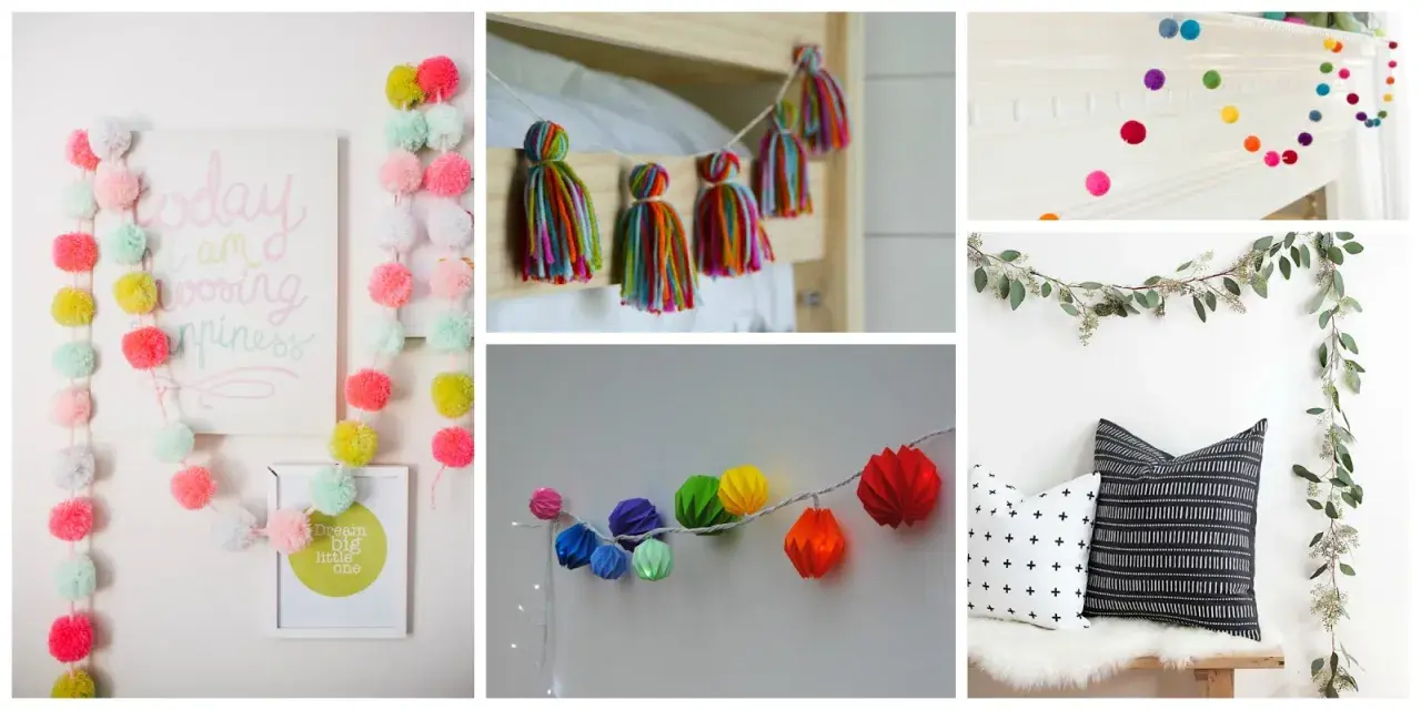 Guirnalda navidad manualidades: pompones de colores, borlas, esferas de papel y ramas de eucalipto.