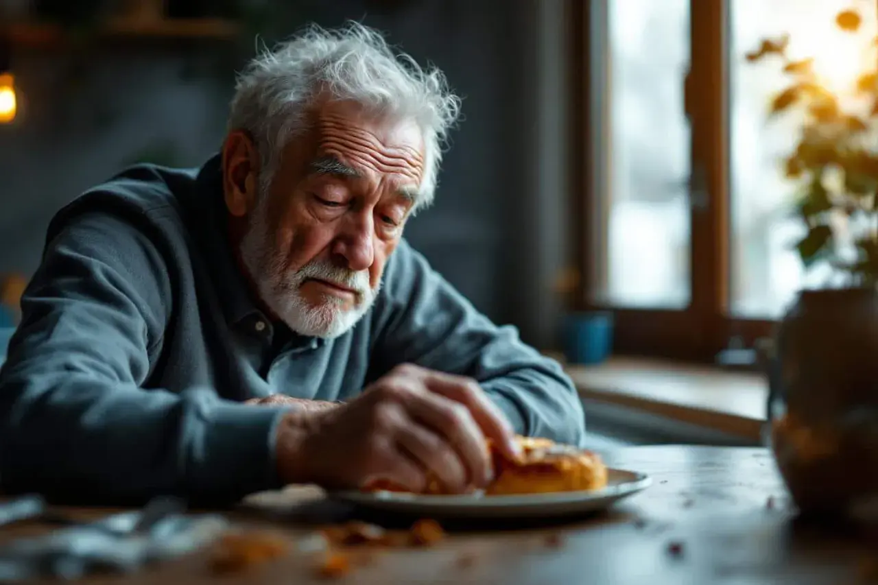 Un homme âgé, l'air soucieux, regarde une part de gâteau. Il se demande : "J'ai mangé trop de sucre, que faire ?