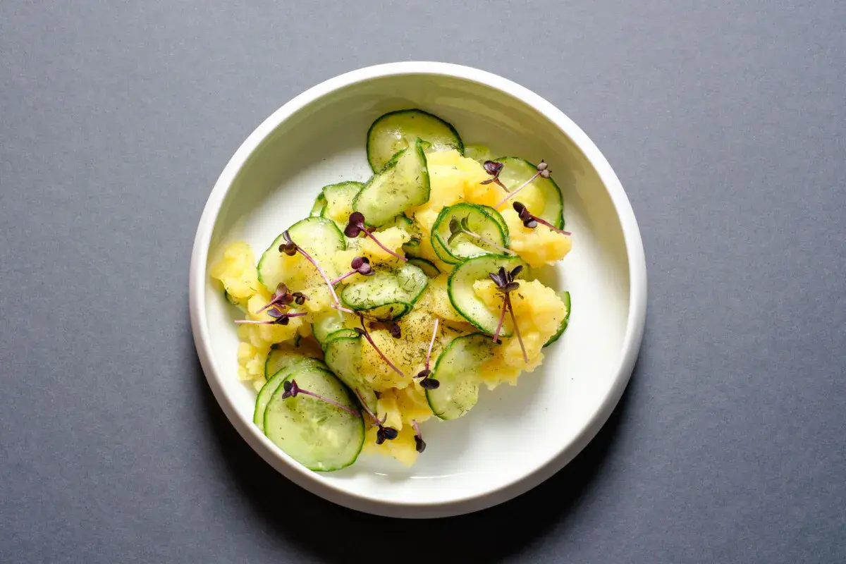 Kartoffelsalat mit Gurken, garniert mit roten Microgreens und Dill. Ein erfrischender Klassiker, perfekt für den Sommer.
