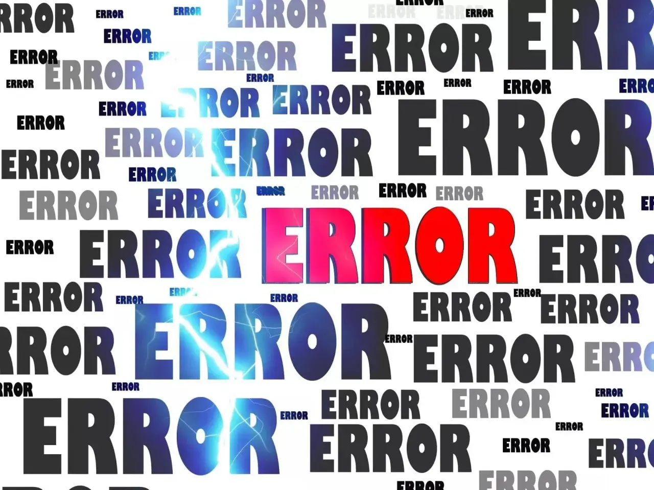 Un collage di parole "ERROR" in varie dimensioni, colori e stili, alcune con effetti di fulmini, che simboleggiano problemi tecnici.