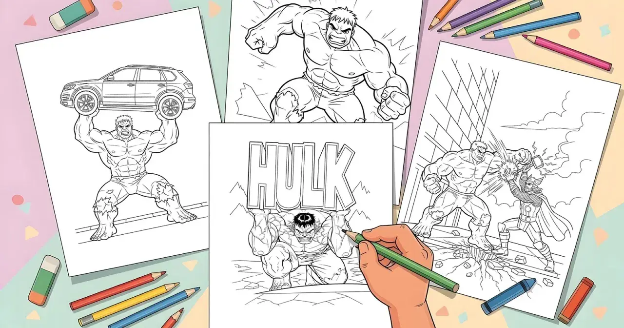 Dibujo de Hulk para colorear, levantando un coche, luchando contra Thor y con la palabra HULK. ¡A colorear!