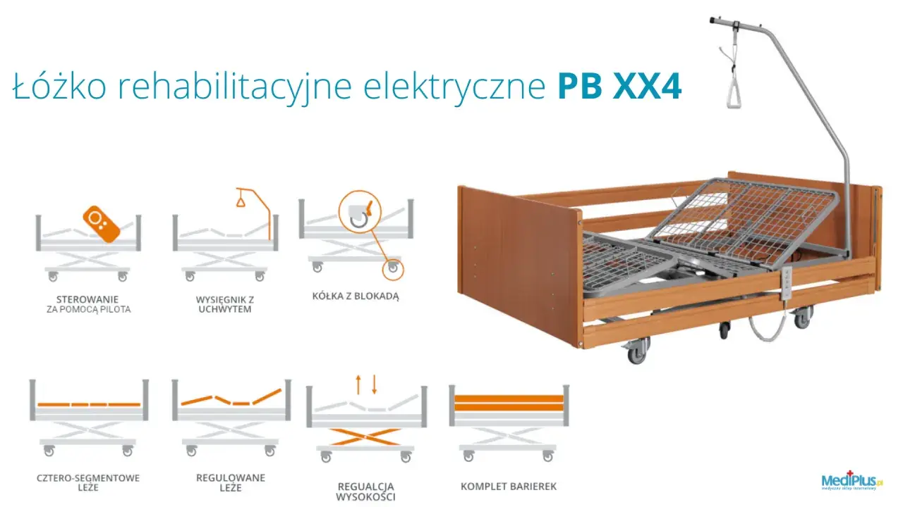 Łóżko rehabilitacyjne elektryczne PB XX4 z regulacją wysokości i pilotem. Wymiary łóżka dostosowane do potrzeb pacjenta.