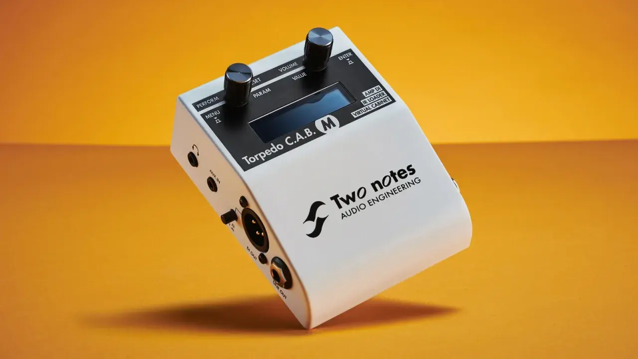 Two Notes Torpedo C.A.B. M, a white audio device with knobs and ports, offering free IR cabs for virtual cabinets.