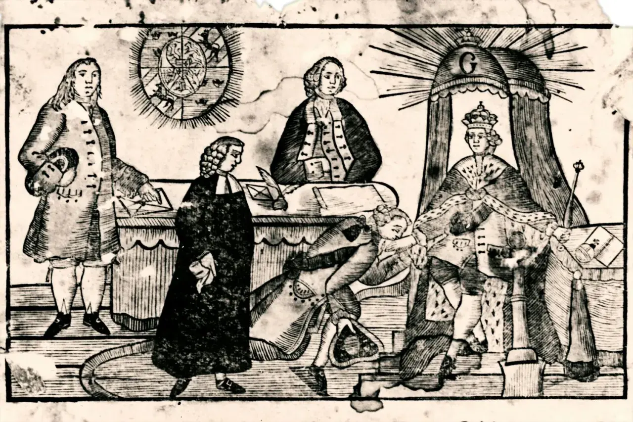 Gustav III statskupp avbildad: en kunglig person kröns, medan andra figurer i historiska kläder bevittnar händelsen.