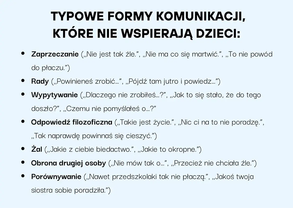 Jak rozmawiać z dzieckiem? Unikaj zaprzeczania, rad, wypytywania, filozofowania, żalu, obrony innych i porównań.