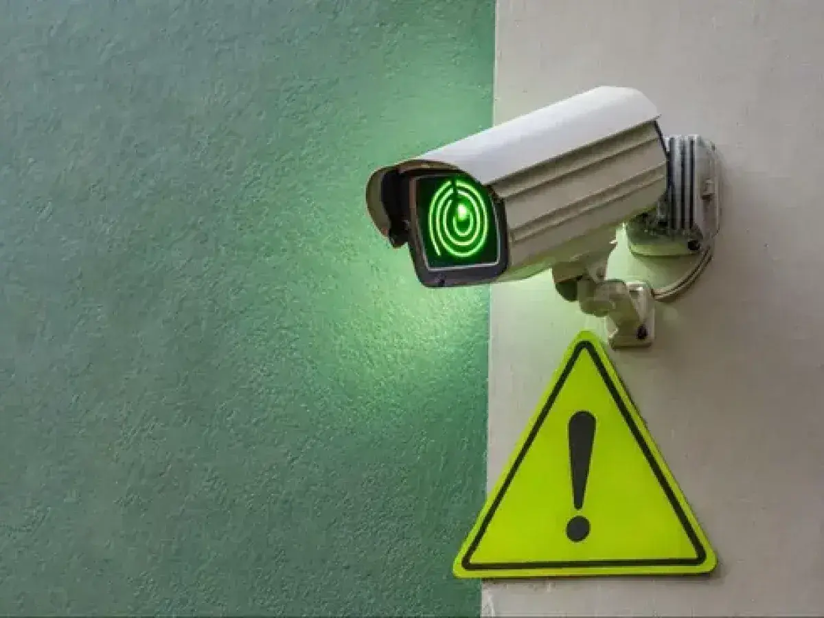Caméra de vidéosurveillance allumée, prête pour la maintenance. Un panneau de signalisation jaune avec un point d'exclamation est visible à proximité.