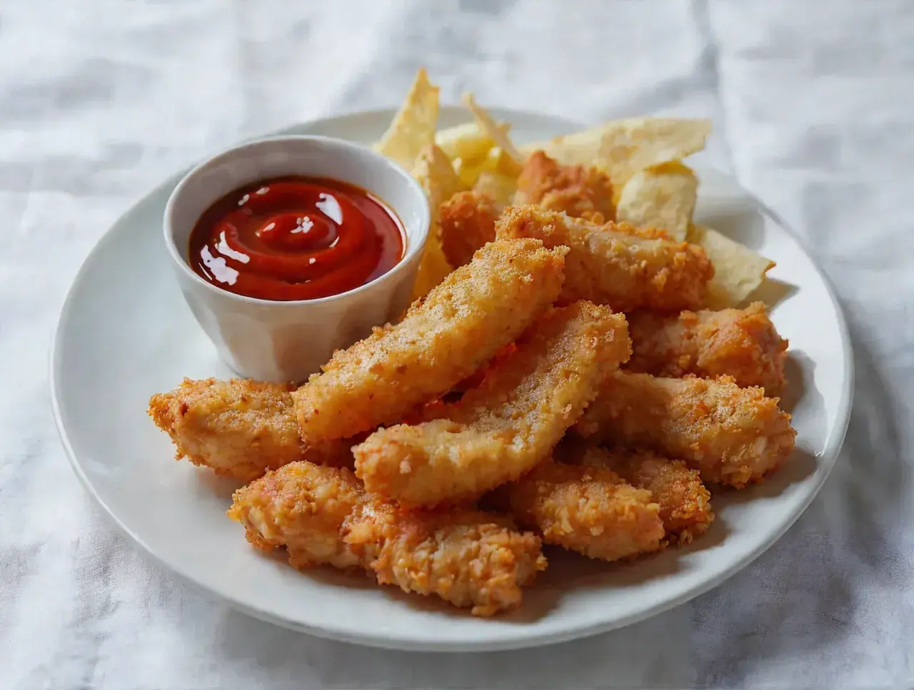 Chrupiące strips kurczaka w panierce, podane z ketchupem i chipsami. Idealna przekąska na imprezę.