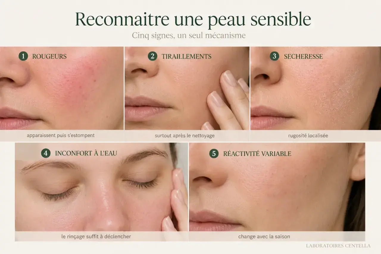 Cinq signes de peau réactive visage : rougeurs, tiraillements, sécheresse, inconfort à l'eau, réactivité variable.