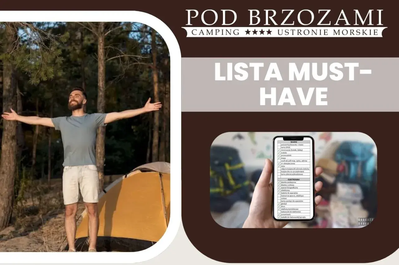 Mężczyzna z radością wita biwak, a lista "must-have" na telefonie podpowiada, co zabrać na biwak.