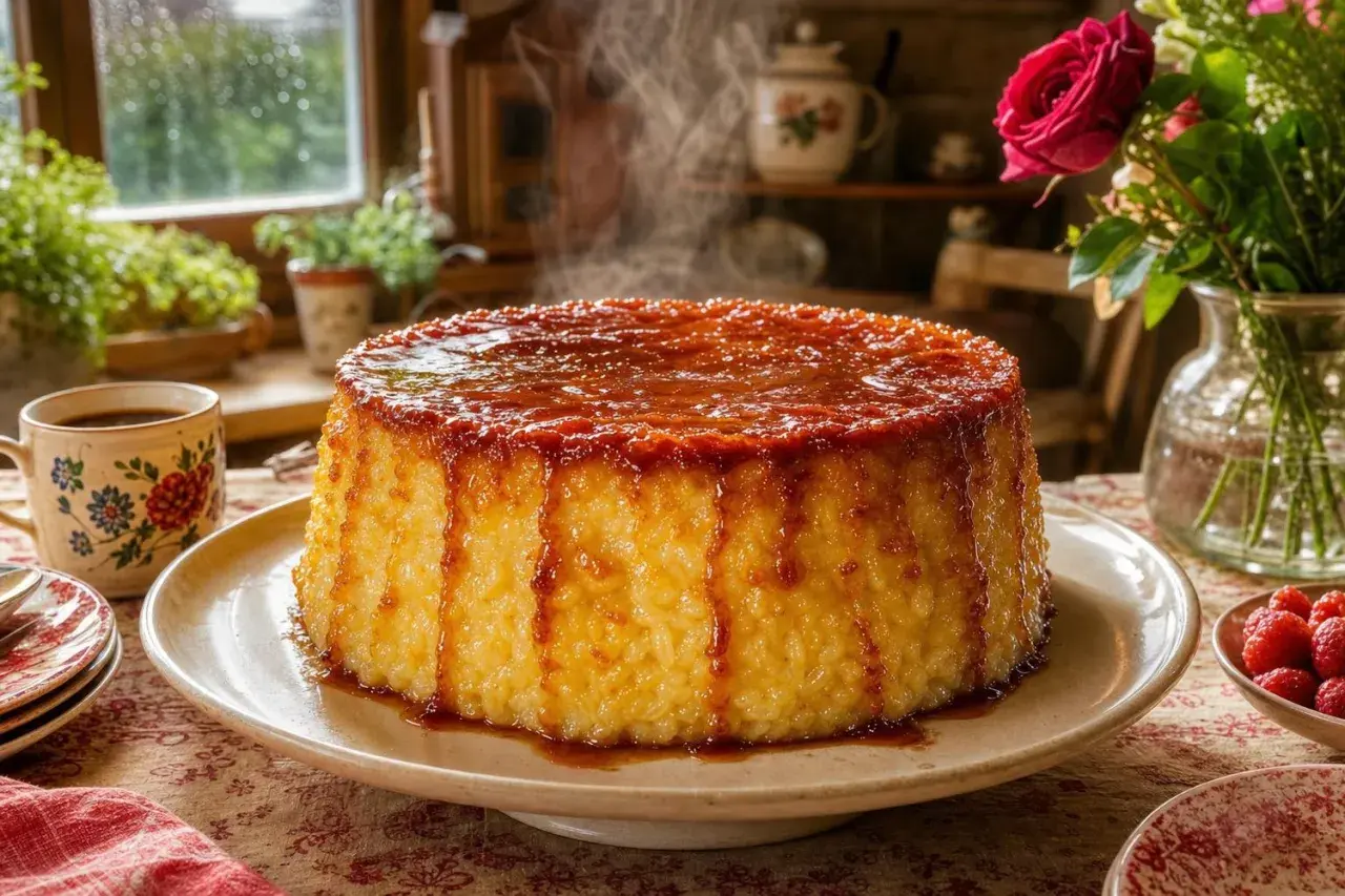 Un délicieux gâteau de riz crémeux, nappé d'un caramel doré et dégoulinant. Vapeur s'échappant, invitant à la dégustation.