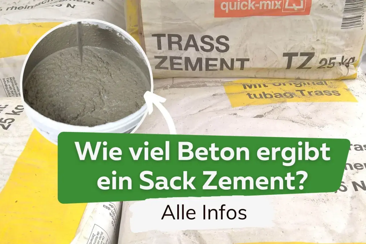 Ein Eimer mit Zementmischung und Säcke mit Trasszement. Die Frage "Wie viel Beton ergibt ein Sack Zement?" wird gestellt, um das Verhältnis von Zement pro m³ zu klären.