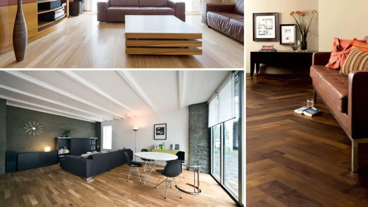 Soggiorni moderni con pavimenti in laminato effetto legno, da chiaro a scuro, in diverse pose.