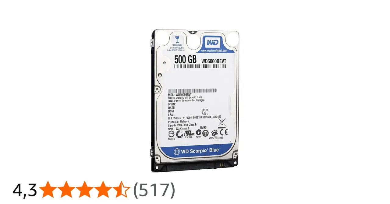 WD 500GB WD5000BEVT Festplatte, Modell WD Scorpio Blue.
