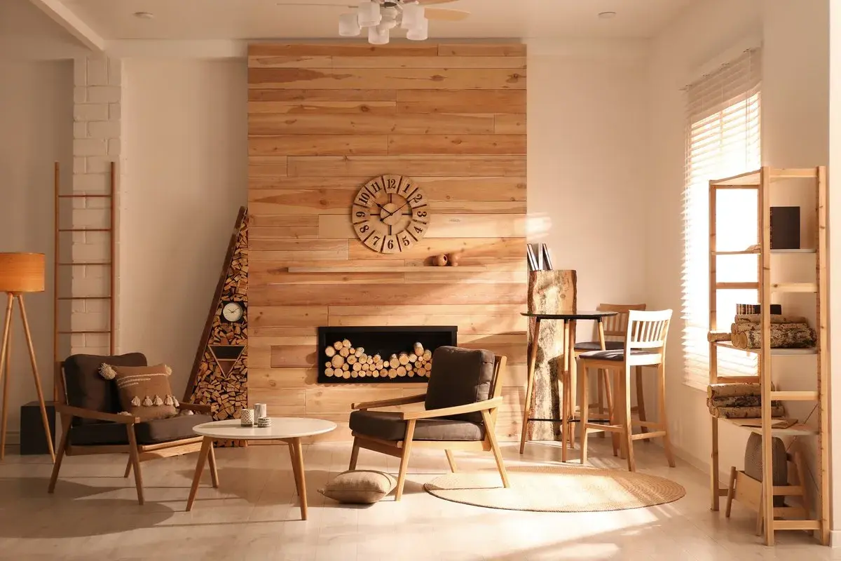 Salón acogedor con chimenea de madera, sillones, mesa y estantería. Lámparas estilo rústico moderno iluminan el espacio.
