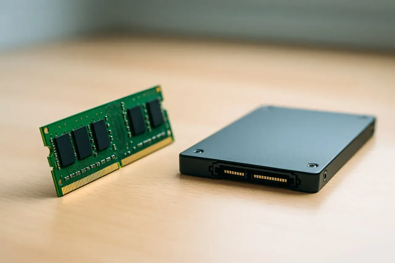 Ein RAM-Modul und eine schwarze SSD liegen nebeneinander. Verschiedene SSD-Arten sind für unterschiedliche Speicherbedürfnisse erhältlich.