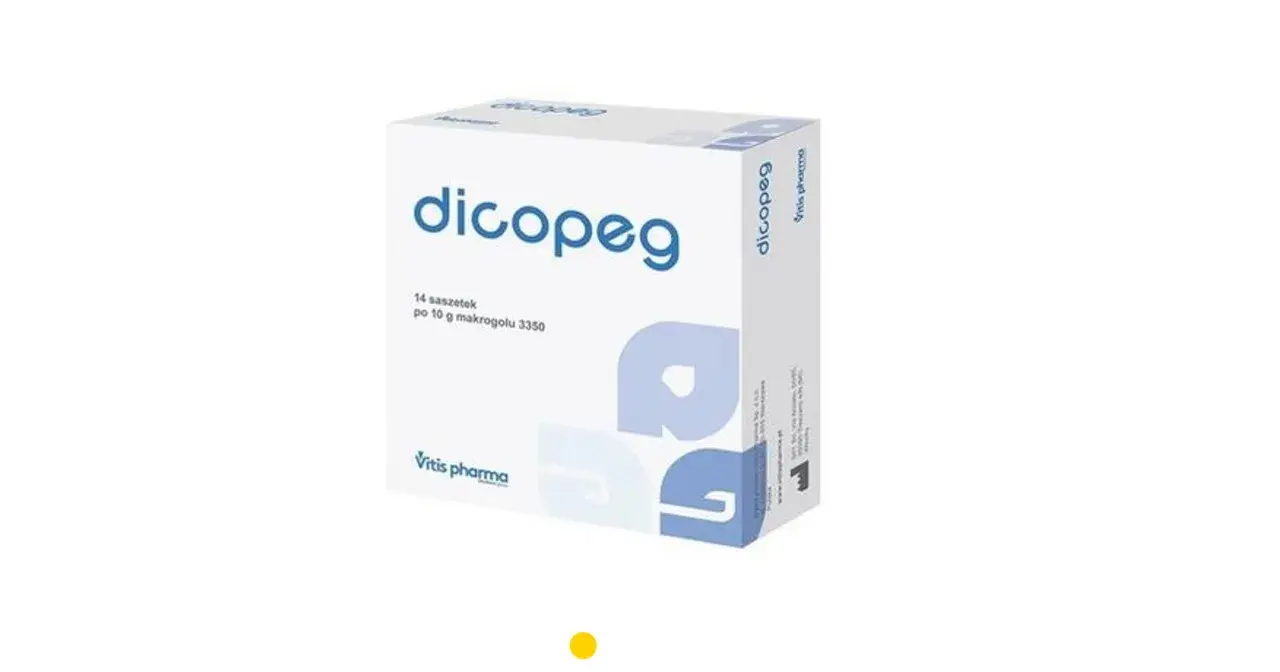 Opakowanie leku dicopeg dla dorosłych, zawierające 14 saszetek po 10 g makrogolu.
