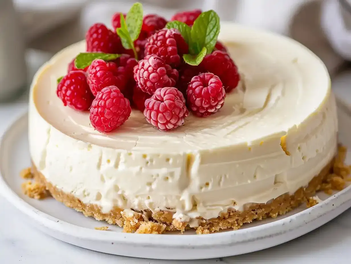 En krämig, fryst cheesecake toppad med färska hallon och mynta. Perfekt för en varm sommardag.