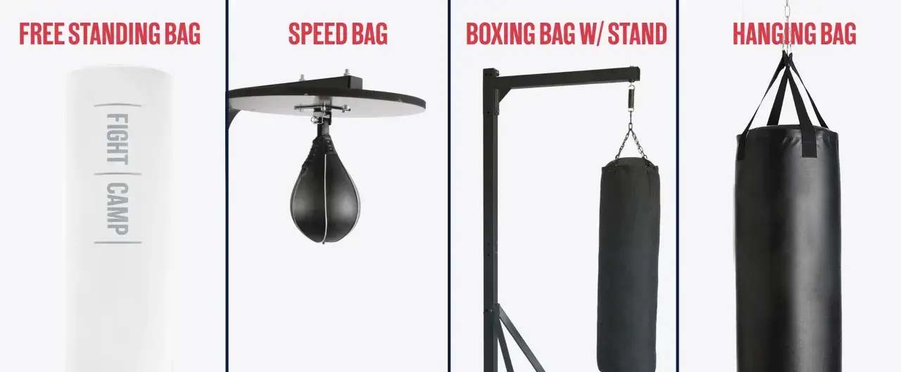 Vier Arten von Boxsäcken im Test: freistehend, Speed Bag, mit Ständer und hängend.
