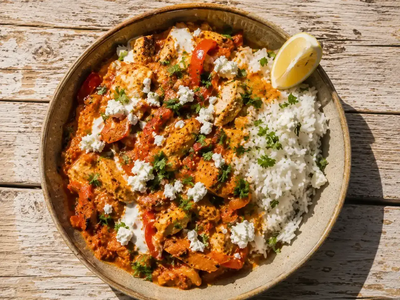 En smakrik kycklingkebab gryta med ris, toppad med fetaost och färsk koriander. En klyfta citron ger extra fräschör.
