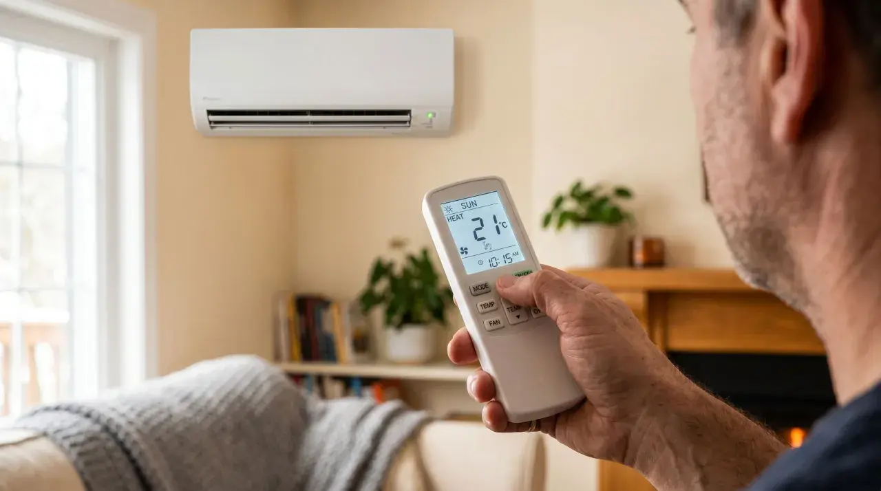 Hombre ajustando el aire acondicionado en modo calor a 21°C. El control remoto muestra el significado de "heat" para combatir el frío.