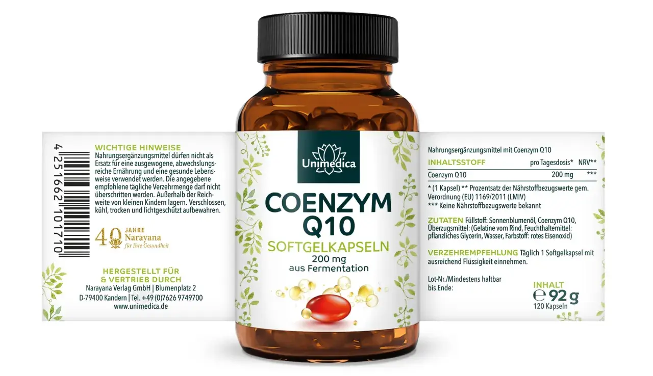 Unimedica Coenzym Q10 Softgelkapseln: 200 mg pro Kapsel. Täglich 1 Kapsel einnehmen, um die empfohlene Tagesdosis zu erreichen.