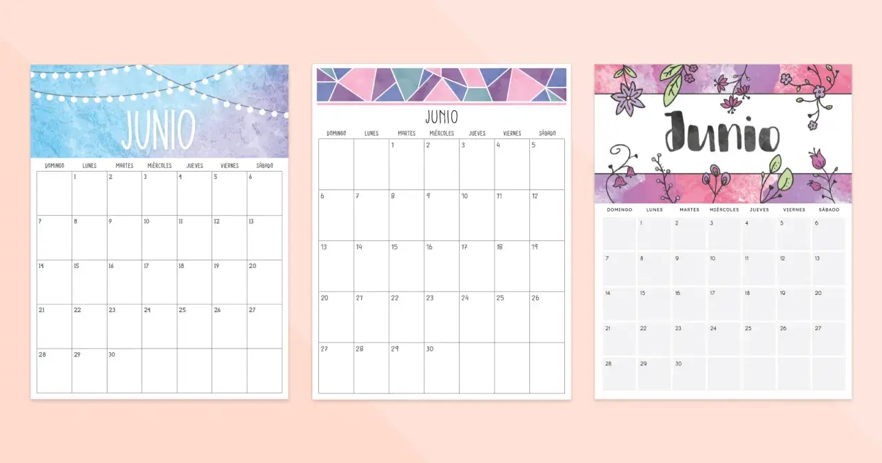 Tres calendarios del mes de junio con decoraciones: luces de feria, formas geométricas y flores.
