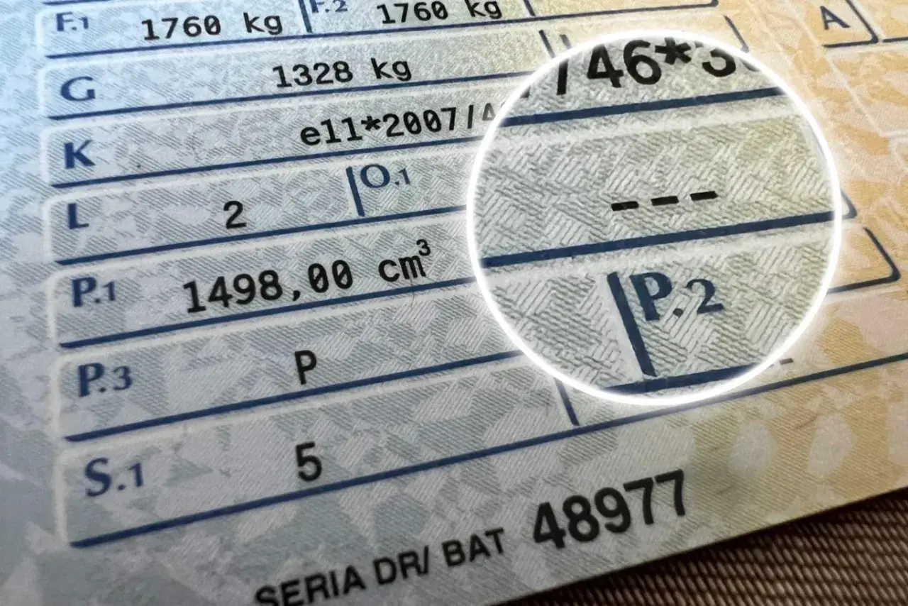 Fragment dowodu rejestracyjnego z zaznaczonym polem P.2, gdzie widnieje wpis o1.
