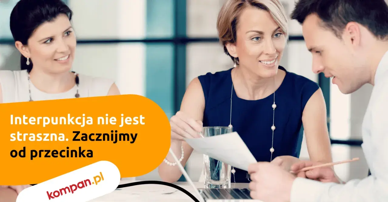Trzy osoby przy stole omawiają dokumenty. Napis: "Interpunkcja nie jest straszna. Zacznijmy od przecinka".