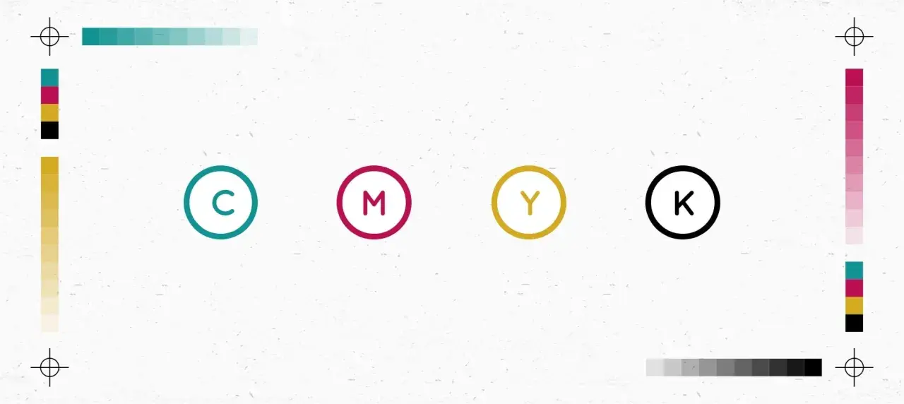 CMYK color circles with color swatches and registration marks.