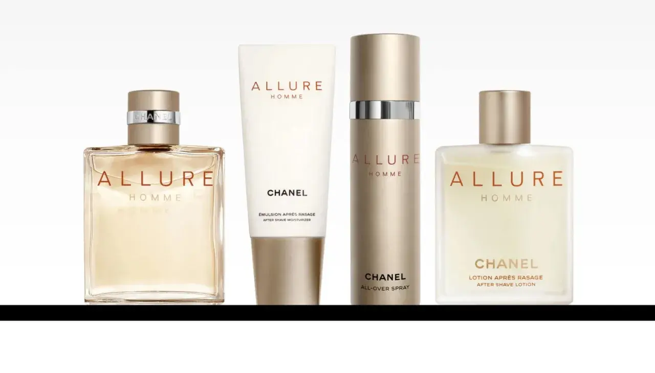 Zestaw kosmetyków Chanel Allure Homme: woda toaletowa, balsam po goleniu, spray i lotion.