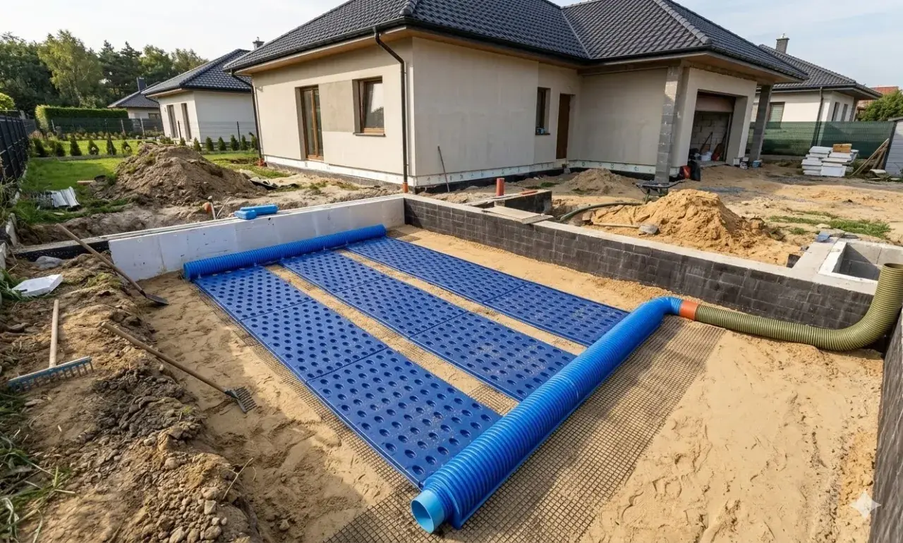 Budowa domu z fundamentami i instalacją gruntowego wymiennika ciepła. Niebieskie maty z otworami i rury tworzą system.