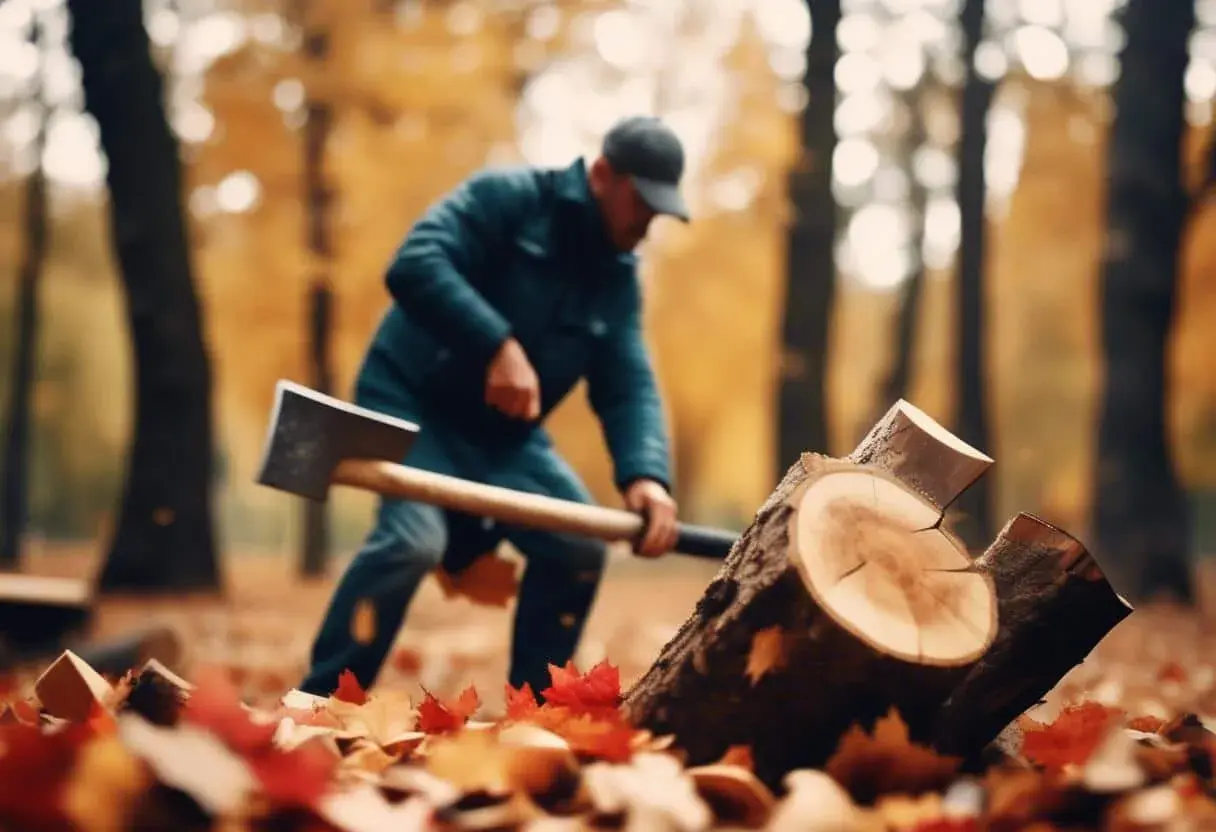 Un homme coupe du bois de chauffage en automne. Les feuilles tombées jonchent le sol.
