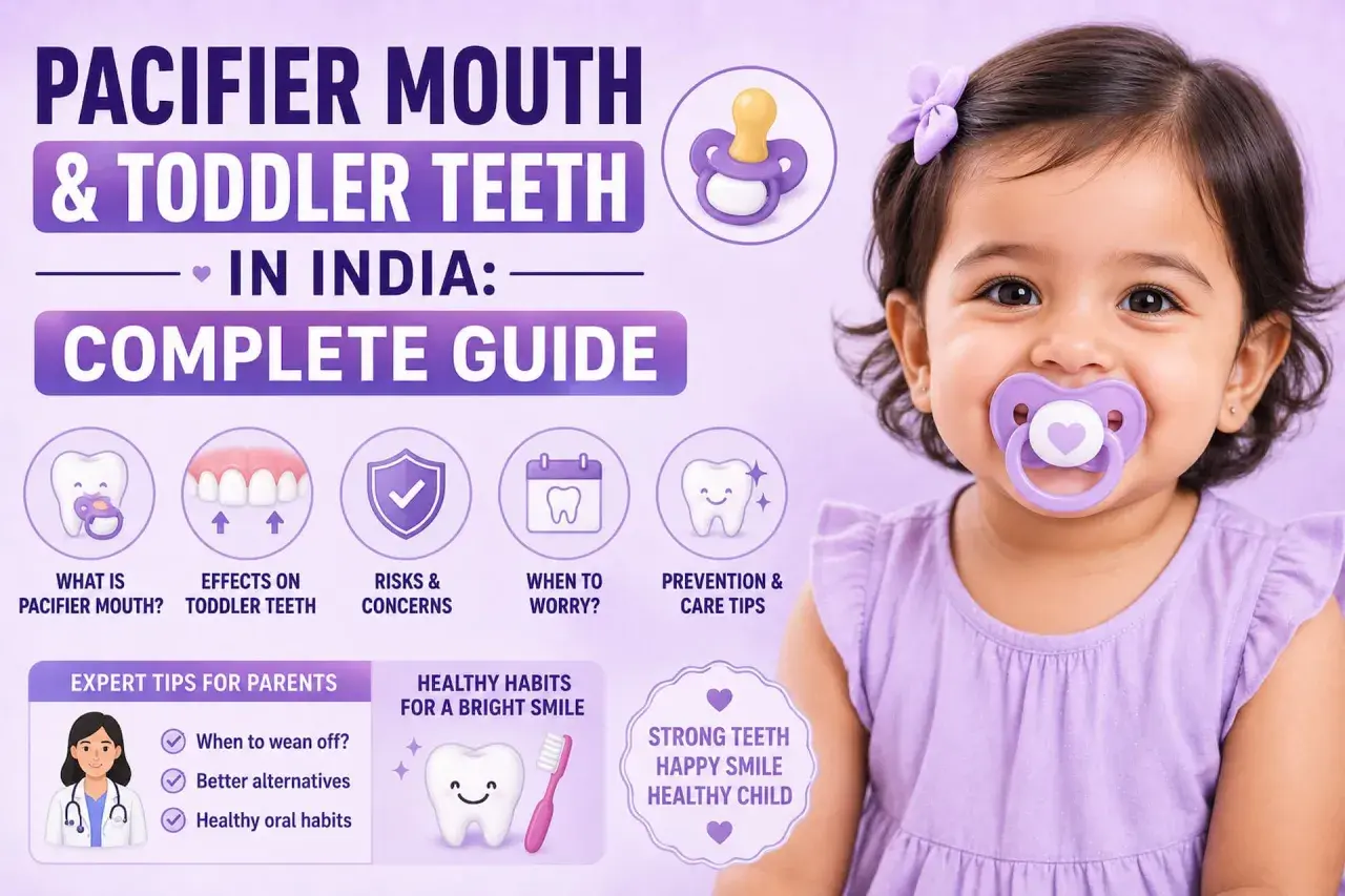 A smiling toddler wears a purple pacifier, illustrating the topic of pacifier mouth and toddler teeth in India.