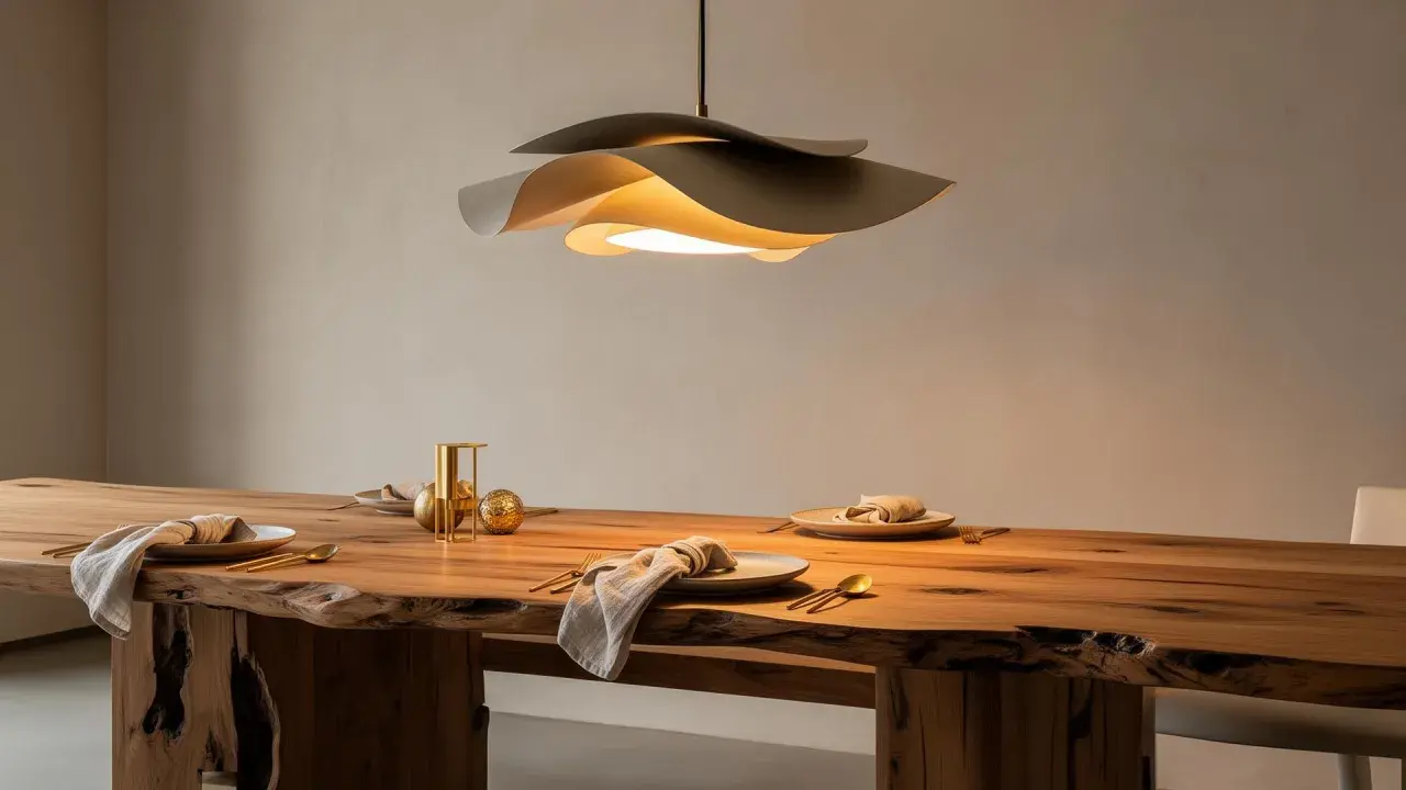 Lampara moderna sobre mesa de madera rústica, lista para una cena elegante.