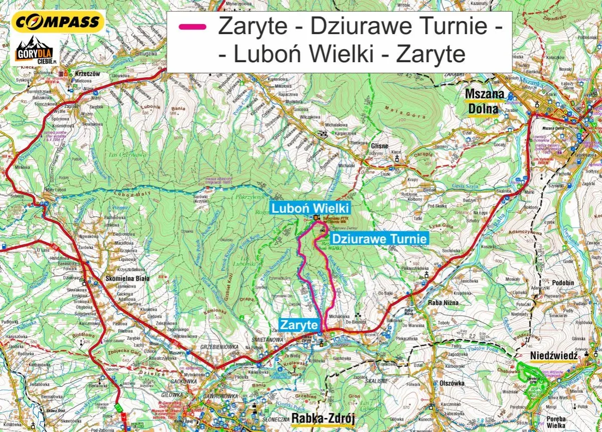 Mapa szlaku turystycznego Zaryte - Dziurawe Turnie - Luboń Wielki. Widok na góry i doliny.